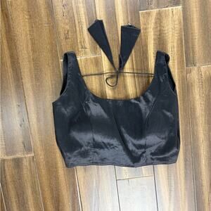 Size L Black Satin Crop Top Corset Bustier Padding Hook and Eye Tie Back